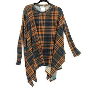 Love In Plaid Oversized Orange And Navy Long Sleeved Poncho Style  Small Stretch